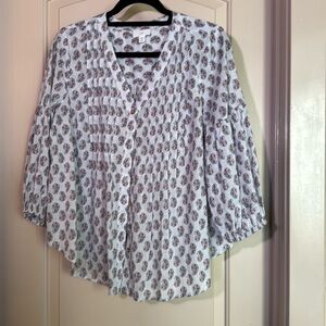 J Jill blue paisley button up V-neck pleated top balloon sleeve size SP